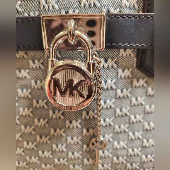 Michael Kors Hamilton Small Logo Embossed Washed Denim Satchel - Picture 3 of 13